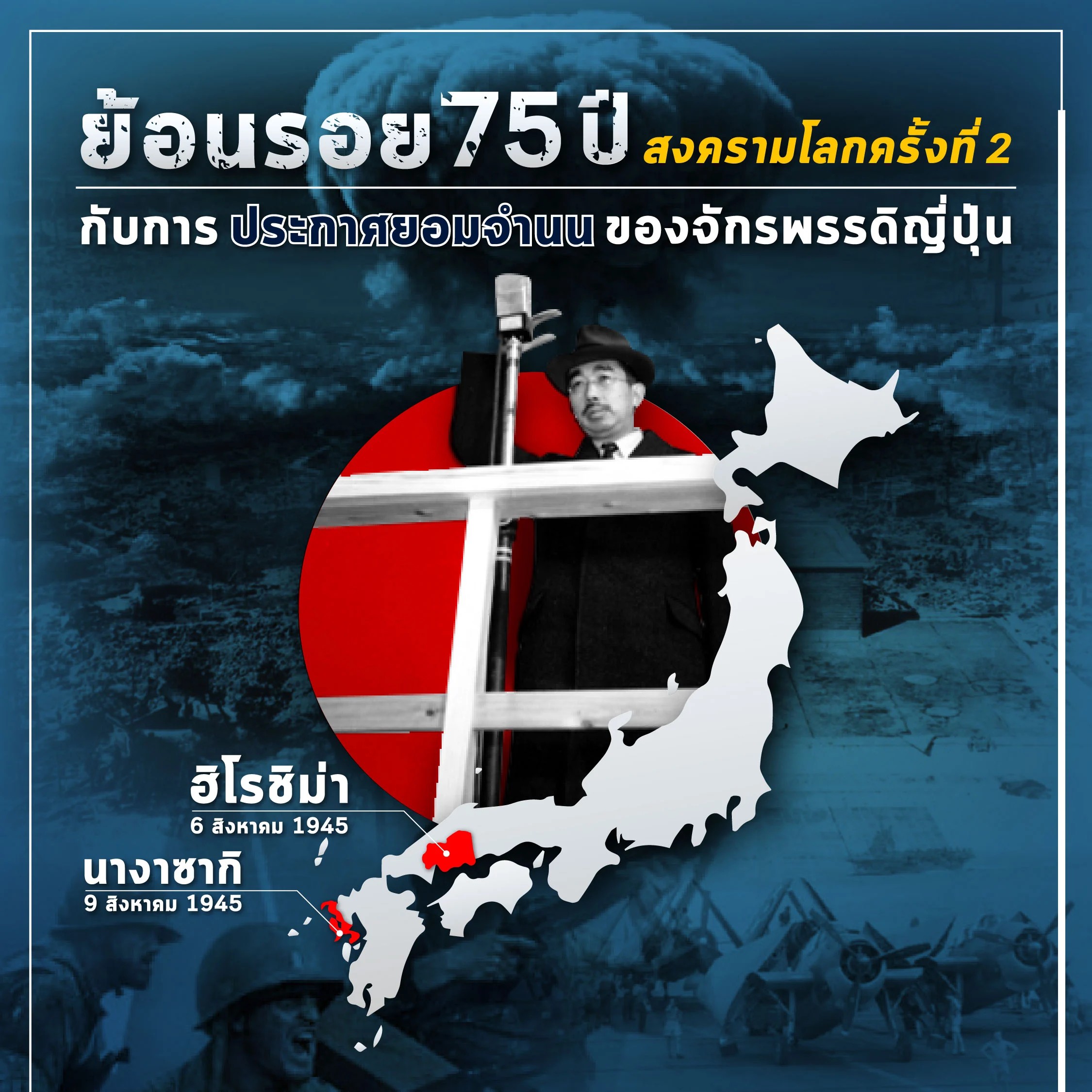 Less than a minute read ย้อนรอย 75 ปีสงครามโลกครั้งที่ 2 วันที่จักรพรรดิญี่ปุ่นประกาศยอมจำนน นายกรัฐมนตรีญี่ปุ่นได้ขอพระราชวินิจฉัยจากองค์พระจักรพรรดิ ซึ่งพระองค์ทรงตอบกลับมาว่า ‘ถึงเวลาที่เราจะต้องยอมรับในสิ่งที่ยอมรับไม่ได้...เราจำต้องกล้ำกลืนน้ำตาตัวเอง และตัดสินใจอนุมัติข้อเสนอให้ยอมรับคำประกาศของฝ่ายสัมพันธมิตร’