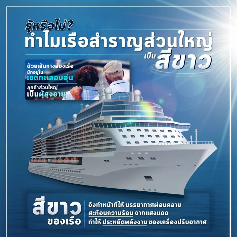 ทำไมเรือสำราญส่วนใหญ่มีสีขาว? เส้นทางล่องเรือมักอยู่ในเขตอบอุ่น ลูกค้าส่วนใหญ่สูงวัยและต้องการมาชิล ๆ ดังนั้นนักออกแบบเรือจึงเลือกสีขาวเพื่อให้สะท้อนความร้อนและแสงแดดออกไปจากเรือ