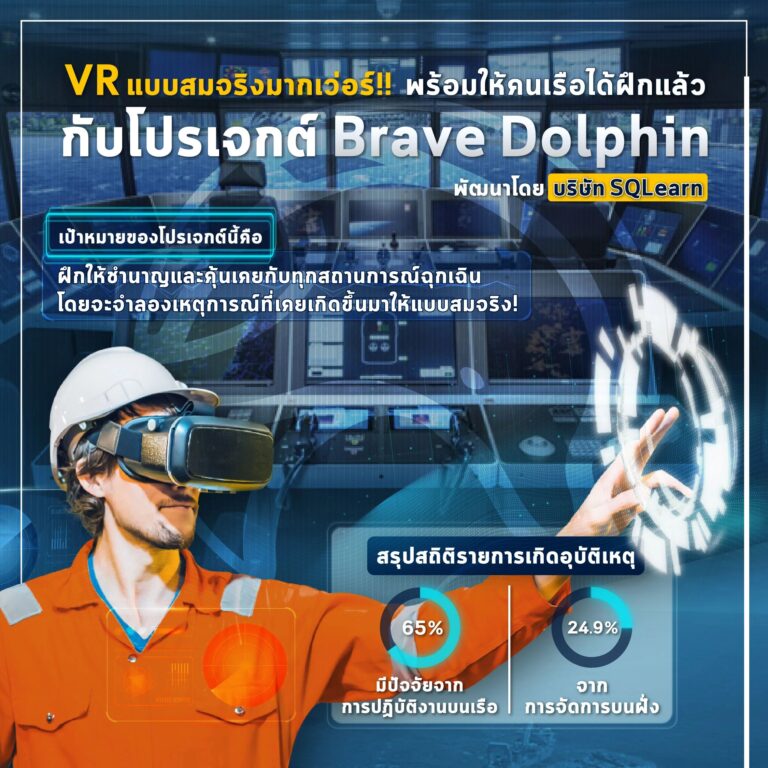 คนเรือไฮเทค ใช้ VR ร่วมเทรนความปลอดภัย โปรเจกต์ VR นี้ทำในชื่อ ‘Brave Dolphin’ ถูกสร้างและพัฒนาโดยบริษัท SQLearn มีเป้าหมายให้ผู้ฝึกได้คุ้นเคย พร้อมรับมือกับสถานการณ์ฉุกเฉิน