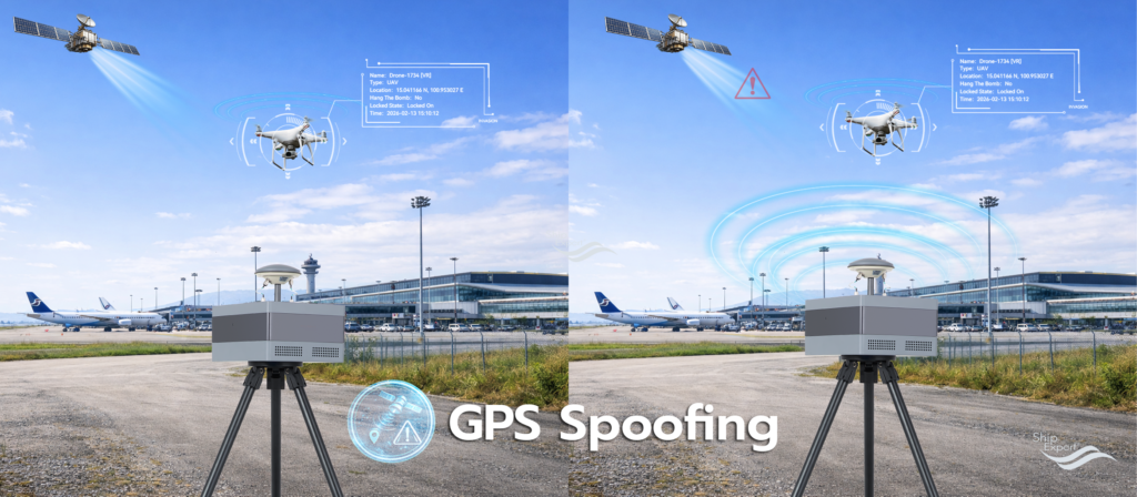GPS Spoofing คือการส่งสัญญาณ GPS ปลอมที่แรงกว่าสัญญาณจริงไปหลอกโดรน เพื่อทำให้โดรนเข้าใจผิดเกี่ยวกับตำแหน่งของตนเอง ผลลัพธ์ที่เป็นไปได้: • โดรนเปลี่ยนเส้นทาง • โดรนลงจอดผิดที่ • โดรนบินกลับจุดที่ผู้ควบคุมกำหนด