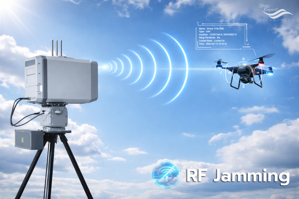RF Jamming คือการส่งสัญญาณรบกวนในย่านความถี่เดียวกับที่โดรนใช้งาน เพื่อทำให้ตัวรับสัญญาณ (Receiver) ไม่สามารถแยกแยะสัญญาณจริงออกจากการ Jamming ได้ หลักการพื้นฐานคือ: ถ้าโดรนกำลังฟังเสียงจากรีโมท Jamming คือการเปิดส่งเสียงที่ดังกว่าจนโดรนฟังอะไรไม่รู้เรื่องเพื่อให้โดรนเสียการเชื่อมต่อกับผู้บังคับ เมื่อโดรนเสียการเชื่อมต่อ: • บางรุ่นจะ Hover บินร่อน หรือ บินนิ่งอยู่กับที่ ในระดับความสูงเดิมโดยไม่เคลื่อนที่ไปทิศทางอื่น หรือ บินวนอยู่เหนือจุดๆ หนึ่ง • บางรุ่นจะ Return to Home ระบบโดรนบินกลับจุดเริ่มต้นอัตโนมัติ • บางรุ่นจะลงจอดโดยทันที ข้อดีของการ RF Jamming • หยุดโดรนได้ทันที • เหมาะกับเหตุการณ์เร่งด่วน ตัวอย่าง ในสถานการณ์ปัจจุบัน RF Jamming ถูกใช้งานเพื่อ: • ป้องกันโดรนลาดตระเวน • หยุดโดรนที่จะเข้ามาโจมตี • ปกป้องโครงสร้างพื้นฐานสำคัญ เช่น แหล่งพลังงาน