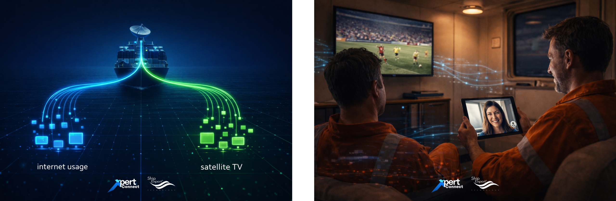 Crew Internet Entertainment Package ของ ShipExpert คืออะไร Crew Internet Entertainment Package ของเราถูกออกแบบมาเพื่อแก้ปัญหานี้โดยเฉพาะ ภายใต้ระบบจานดาวเทียมเพียงใบเดียว มีการจัดสรรความเร็วแยกชัดเจนระหว่าง: • อินเทอร์เน็ตสำหรับคนประจำเรือ 10/1 Mbps (ไม่จำกัดแบนด์วิดท์การใช้งาน) • ระบบดูทีวีผ่านดาวเทียม 5/1 Mbps (ไม่จำกัดแบนด์วิดท์การรับชม) การแยกทราฟฟิกทำให้: • ดูทีวีได้โดยไม่กระทบอินเทอร์เน็ต • เล่นโซเชียลได้แม้มีคนดูบอลผ่านทีวีพร้อมกัน • ลดปัญหาคอขวดของแบนด์วิดท์