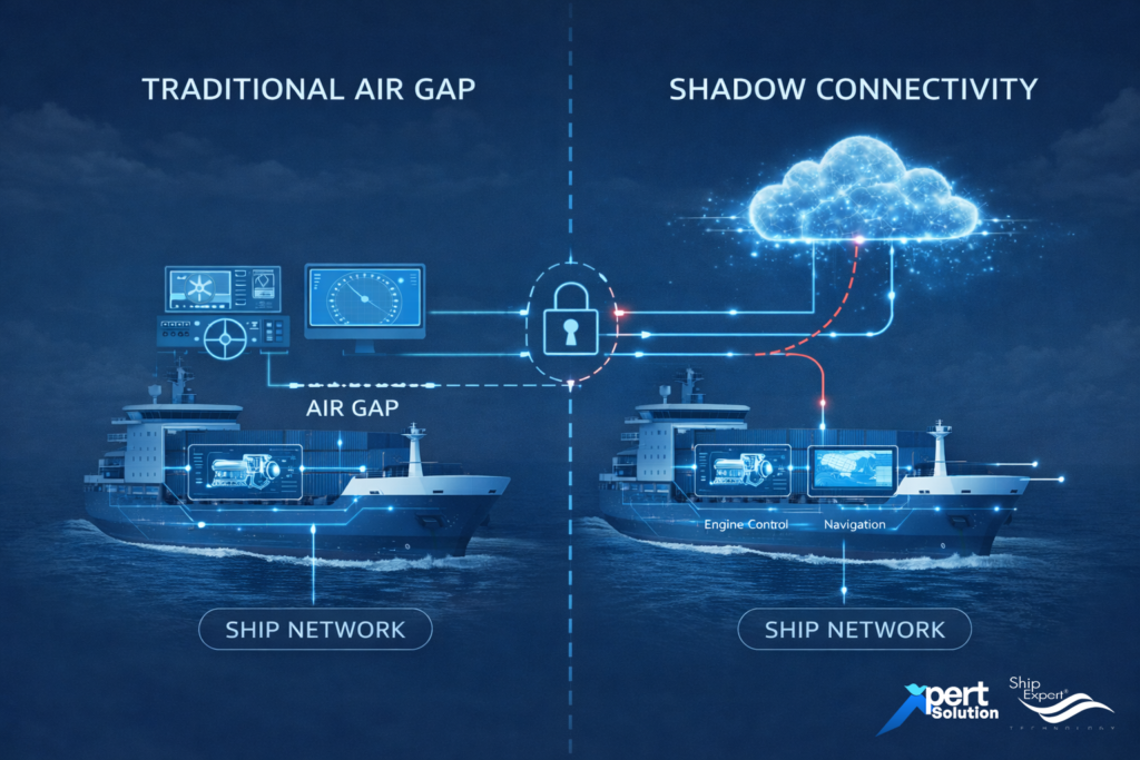 ทำไม Shadow Connectivity ถึงอันตราย? 1. ทำลายแนวคิด Air Gap ในอดีต ระบบควบคุมเครื่องจักร (Operational Technology – OT) ถูกแยกจากอินเทอร์เน็ตโดยสิ้นเชิง แต่ Shadow Connectivity สามารถเชื่อม: อินเทอร์เน็ตสาธารณะ → ระบบควบคุมเครื่องจักร → ระบบนำทาง → ระบบพลังงาน เมื่อเครือข่ายถูกเจาะ ความเสี่ยงไซเบอร์จะเพิ่มขึ้นแบบทวีคูณ