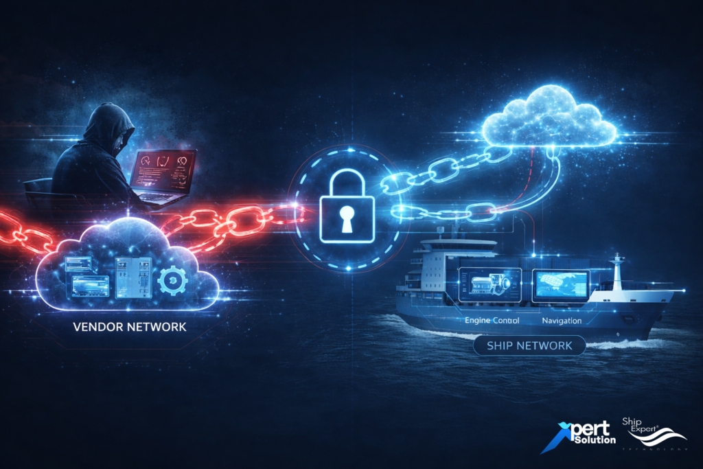 2. เพิ่มความเสี่ยง Supply Chain Cyber Risk การโจมตีไซเบอร์ในยุคปัจจุบันไม่ได้เริ่มจากเป้าหมายหลักเสมอไป แต่เริ่มจาก “จุดอ่อนที่สุดในห่วงโซ่” หาก vendor รายใดมีระบบรักษาความปลอดภัยต่ำ ผู้โจมตีสามารถใช้ช่องทางนั้นเป็นสะพานเข้าสู่ระบบเรือได้