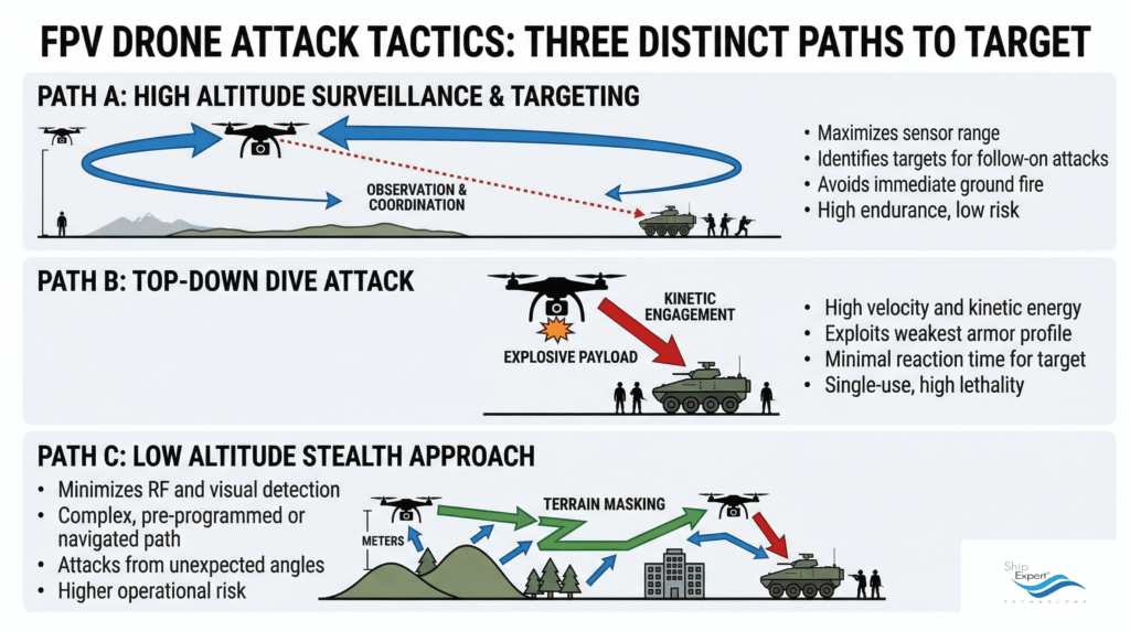 FPV Drone Threat and Attack Tactics รูปแบบการโจมตีของ FPV Drone จากข้อมูลรูปแบบการโจมตี FPV Drone สามารถแบ่งออกเป็น 3 รูปแบบหลัก: High Altitude Surveillance & Targeting โดรนจะบินที่ระดับความสูงประมาณ 300–500 เมตร เพื่อค้นหาเป้าหมาย จากนั้นส่งพิกัดไปยังผู้ควบคุมหรือโดรนโจมตี Top-Down Dive Attack โดรนจะบินในระดับสูงเพื่อหลบสิ่งกีดขวาง จากนั้นพุ่งลงโจมตีเป้าหมายจากด้านบน ซึ่งเป็นมุมที่ระบบป้องกันตรวจจับได้ยาก Low-Altitude Stealth Approach โดรนจะบินต่ำใกล้พื้นดิน เพื่อหลบการตรวจจับจาก Radar และเข้าประชิดเป้าหมายก่อนโจมตี FPV Drone จะพยายามหลบการตรวจจับให้นานที่สุด และจะเร่งความเร็วพุ่งโจมตีเมื่อเข้าใกล้เป้าหมาย