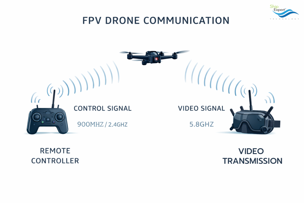 FPV Drone Communication System ระบบ FPV Drone ใช้การสื่อสาร 2 ส่วนหลัก: 1. Remote Control Signal (สัญญาณควบคุม) ความถี่ที่ใช้โดยทั่วไป: • 433 MHz • 868 MHz • 915 MHz • 2.4 GHz Protocol ที่ใช้: • ELRS (ExpressLRS) • TBS Crossfire • Modulation: LoRa / FSK สัญญาณควบคุมเป็นส่วนสำคัญ หากถูกรบกวน (Jamming) โดรนอาจสูญเสียการควบคุม 2. Video Transmission (สัญญาณภาพ) โดรน FPV ส่งภาพกลับมาที่ผู้ควบคุมแบบ Real-time โดยใช้ความถี่: • Analog Video: 1.2 GHz / 3.3 GHz / 4.9 GHz / 5.8 GHz • Digital Video: 5.8 GHz 