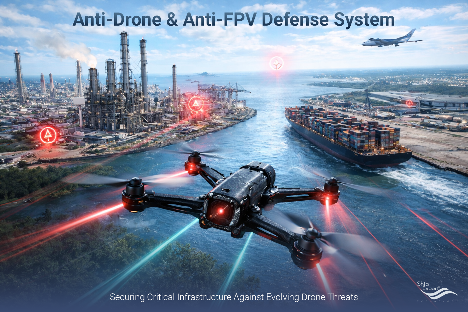 Anti-Drone / Anti-FPV Solution: เทคโนโลยีป้องกันภัยคุกคามจากโดรนสมัยใหม่ ภัยคุกคามจากโดรนในปัจจุบัน ในปัจจุบัน โดรน โดยเฉพาะ FPV (First Person View) Drone ได้กลายเป็นภัยคุกคามใหม่ต่อโครงสร้างพื้นฐานสำคัญ เช่น ท่าเรือ สนามบิน โรงงาน แท่นน้ำมัน เรือ และพื้นที่ความมั่นคง เนื่องจากโดรนประเภทนี้มีต้นทุนต่ำ เคลื่อนที่เร็ว บินต่ำ และสามารถโจมตีเป้าหมายได้อย่างแม่นยำ FPV Drone สามารถส่งภาพแบบ Real-time ให้ผู้ควบคุม ทำให้สามารถควบคุมโดรนเพื่อหลบหลีกสิ่งกีดขวาง และพุ่งเข้าชนเป้าหมายได้โดยตรง (Kamikaze Drone) ส่งผลให้ระบบรักษาความปลอดภัยแบบเดิมไม่เพียงพออีกต่อไป ดังนั้นจึงเกิดระบบ Anti-Drone หรือ Counter-UAS (Unmanned Aerial System) เพื่อใช้ตรวจจับ ติดตาม และหยุดยั้งโดรนก่อนถึงเป้าหมาย