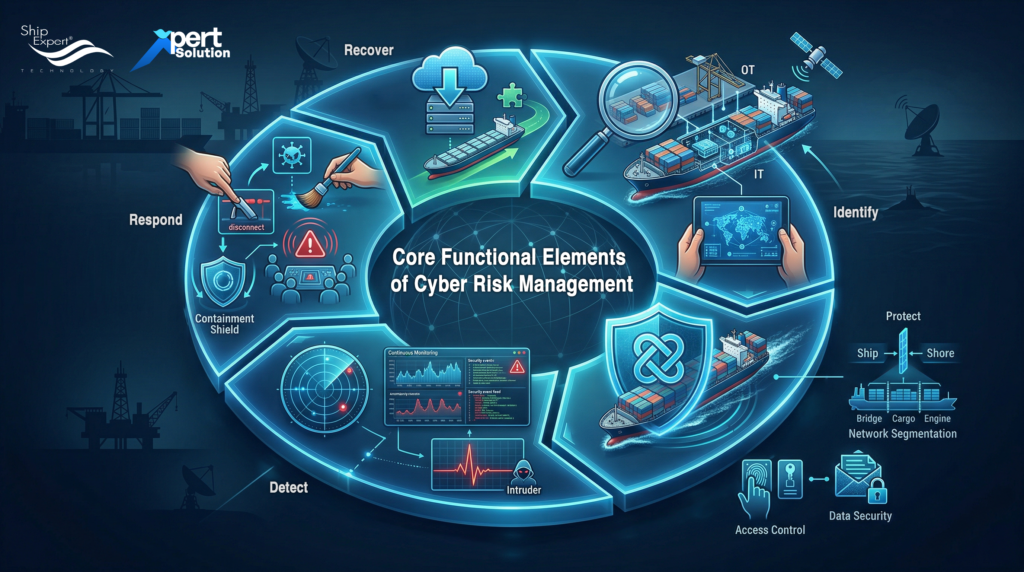 IMO’s Response: A Governance Framework In recognition of the growing cyber threat landscape, the IMO adopted Resolution MSC.428(98) in 2017, which encourages administrations and operators to address cyber risks within their Safety Management Systems (SMS) aligning cyber risk management with the well-established International Safety Management (ISM) Code. Following this, the IMO issued Guidelines on Maritime Cyber Risk Management (MSC-FAL.1/Circ.3 and subsequent revisions), providing high-level recommendations on how organizations should manage cyber risks in a systematic and integrated way. These guidelines are intended to be incorporated into existing risk management processes and complement traditional safety and security practices. Core Functional Elements of Cyber Risk Management The IMO guidelines define several key functional elements that should form the backbone of a maritime cyber risk governance program: 1. Identify Identify all vessel systems, assets, data, and interfaces that could be impacted by cyber threats and maintain a current inventory of these systems. Understanding what you have is the first step in knowing what you need to protect. 2. Protect Implement protective measures — both technical and organizational — to minimise the likelihood of cyber incidents. This includes network segmentation, access control, patch management, and secure configuration practices. 3. Detect Maintain ongoing monitoring and detection capabilities to identify suspicious activities or breaches early. Rapid detection reduces the impact of cyber events and enables timely response. 4. Respond Develop clear procedures for responding to cyber incidents, including roles, communication plans, and escalation paths, both onboard and with shore-side support teams. 5. Recover Establish recovery strategies to restore systems and operations after a cyber incident, ensuring continuity and minimal operational disruption. These functional elements closely align with internationally recognised cybersecurity frameworks, such as ISO/IEC 27001 and the NIST Cybersecurity Framework, providing a structured approach that can evolve with emerging threats.