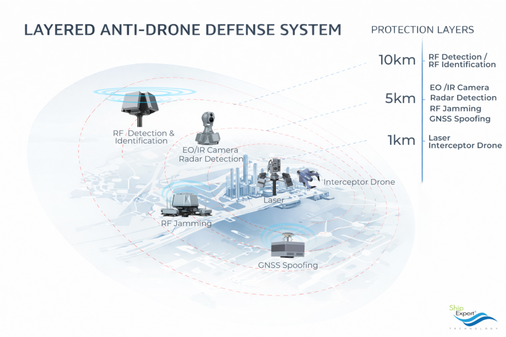 Anti-Drone Defense Concept (Layered Defense) การป้องกันโดรนที่มีประสิทธิภาพต้องใช้ระบบหลายชั้น (Layered Defense System) ไม่ใช่อุปกรณ์เพียงตัวเดียว