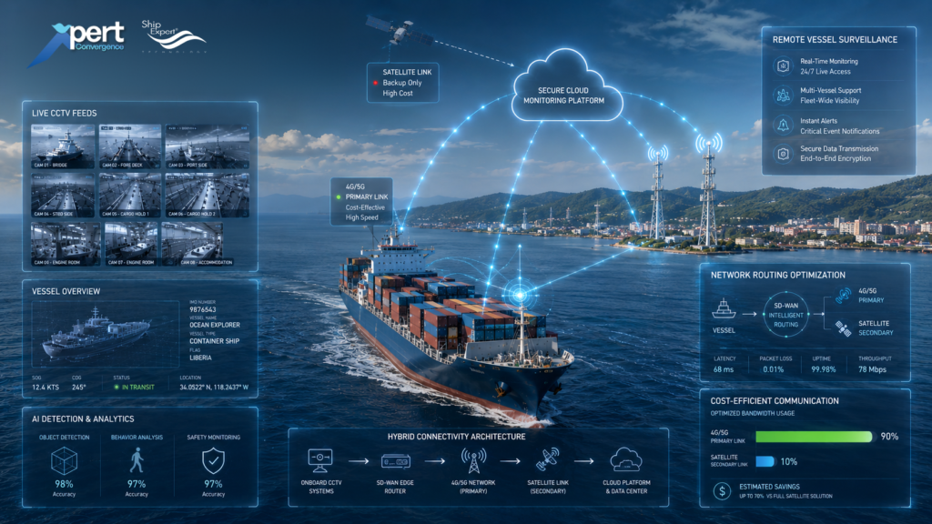 เมื่อ Maritime CCTV ไม่จำเป็นต้องใช้ Bandwidth ดาวเทียมเสมอไป หนึ่งในตัวอย่างที่เห็นได้ชัด คือระบบ Maritime CCTV และ Remote Monitoring ที่ผ่านมา การเข้าถึงภาพจากกล้อง CCTV บนเรือจากระยะไกล มักต้องใช้ Bandwidth ผ่านดาวเทียม ซึ่งมีต้นทุนสูง และอาจไม่เหมาะสำหรับการส่งข้อมูลภาพอย่างต่อเนื่อง โดยเฉพาะในกรณีของเรือที่ปฏิบัติงานใกล้ชายฝั่ง หรืออยู่ในพื้นที่ที่มีสัญญาณ 4G ครอบคลุม แนวคิดของ Modern Maritime Communication จึงเริ่มเปลี่ยนจาก “Single Network Architecture” ไปสู่ “Hybrid Communication Strategy” โดยเลือกใช้: • Satellite สำหรับ Mission-Critical Communication • 4G/5G สำหรับ Cost-Efficient Monitoring • SD-WAN สำหรับบริหารจัดการเส้นทางข้อมูลอัตโนมัติ แนวทางดังกล่าวช่วยลดต้นทุนด้านการสื่อสาร ขณะเดียวกันยังคงรักษาความสามารถในการตรวจสอบและเข้าถึงข้อมูลจากระยะไกลได้อย่างมีประสิทธิภาพ