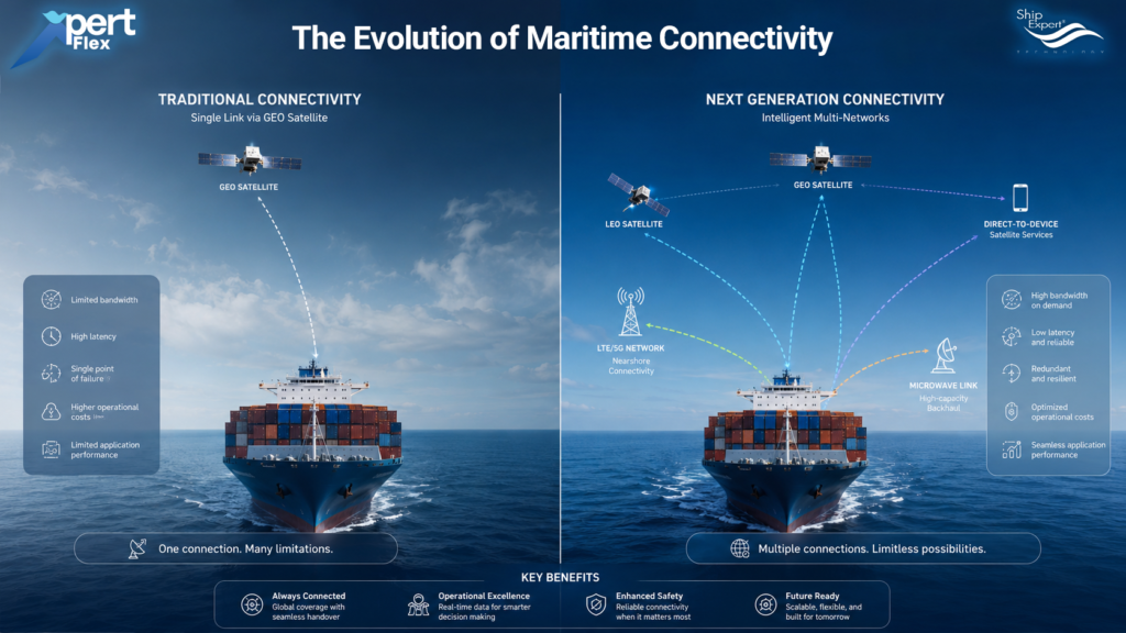 The Evolution of Maritime Connectivity ในอดีต การสื่อสารทางทะเลอาจพึ่งพาเครือข่ายเพียงระบบเดียว ไม่ว่าจะเป็น Inmarsat หรือ VSAT แบบ GEO Satellite แต่ปัจจุบัน โลกของ Maritime Connectivity เปลี่ยนไปอย่างรวดเร็ว เรามีตัวเลือกมากมาย เช่น • GEO Satellite • LEO Satellite • LTE / 5G Nearshore Connectivity • Microwave Communication • Direct-to-Device Satellite Services การเพิ่มขึ้นของเทคโนโลยีเหล่านี้ทำให้องค์กรสามารถสร้างระบบสื่อสารที่มีความยืดหยุ่นมากขึ้นกว่าที่เคย อย่างไรก็ตาม การมีเครือข่ายหลายเส้นทางไม่ได้หมายความว่าระบบจะมีความต่อเนื่องโดยอัตโนมัติ