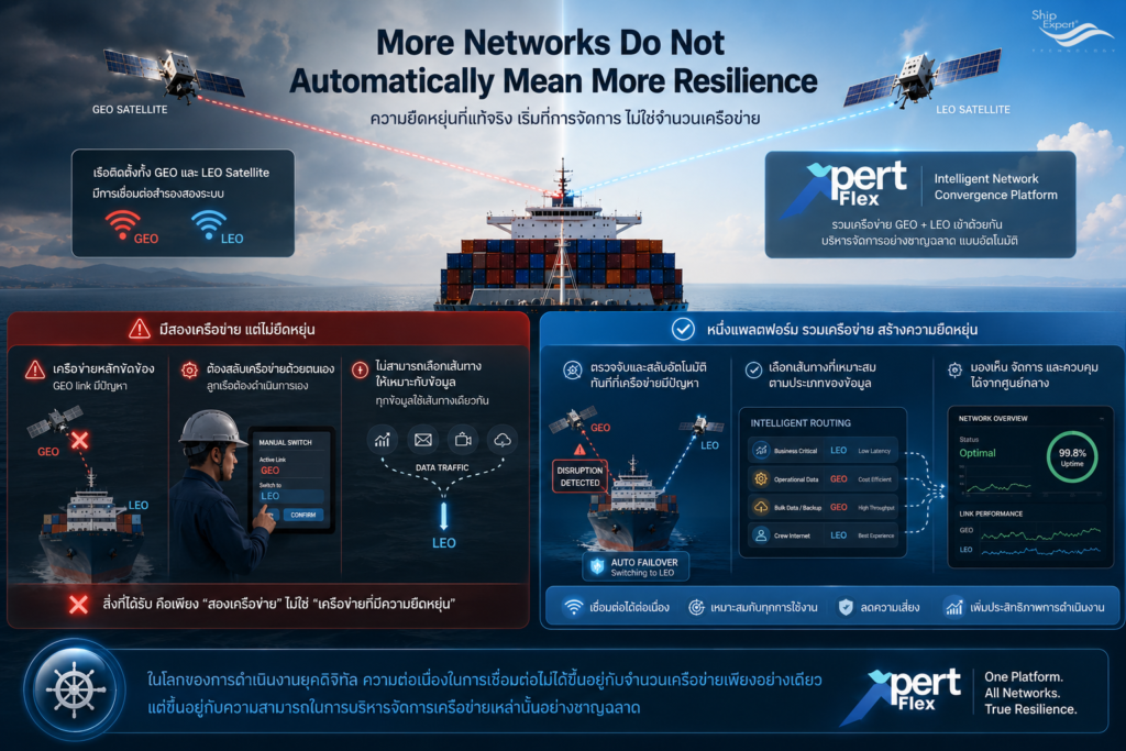 More Networks Do Not Automatically Mean More Resilience ลองจินตนาการว่าเรือลำหนึ่งติดตั้งทั้ง GEO และ LEO Satellite ไว้บนเรือ ในทางเทคนิค เรือมีการเชื่อมต่อสำรองสองระบบ แต่หากเมื่อเครือข่ายหลักเกิดปัญหา ลูกเรือยังต้องสลับเครือข่ายด้วยตนเอง หรือระบบไม่สามารถเลือกเส้นทางที่เหมาะสมกับประเภทของข้อมูลได้ สิ่งที่องค์กรได้รับอาจเป็นเพียง "สองเครือข่าย" ไม่ใช่ "เครือข่ายที่มีความยืดหยุ่น" ในโลกของการดำเนินงานยุคดิจิทัล ความต่อเนื่องในการเชื่อมต่อไม่ได้ขึ้นอยู่กับจำนวนเครือข่ายเพียงอย่างเดียว แต่ขึ้นอยู่กับความสามารถในการบริหารจัดการเครือข่ายเหล่านั้นอย่างชาญฉลาด