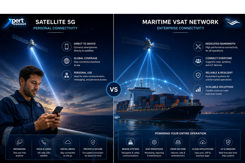 แล้ว Satellite 5G จะมาแทน VSAT หรือไม่? แม้ว่า Satellite 5G จะเป็นเทคโนโลยีที่น่าตื่นเต้น แต่หากพิจารณาในบริบทของอุตสาหกรรมทางทะเล จะพบว่าทั้งสองเทคโนโลยีถูกออกแบบมาเพื่อตอบโจทย์ที่แตกต่างกัน Satellite 5G ถูกออกแบบมาเพื่อเชื่อมต่อ "ผู้ใช้งาน" ขณะที่ Maritime VSAT ถูกออกแบบมาเพื่อเชื่อมต่อ "เรือทั้งลำ" บนเรือสมัยใหม่ การเชื่อมต่อไม่ได้มีไว้เพียงสำหรับลูกเรือเท่านั้น แต่ยังรองรับระบบสำคัญจำนวนมาก เช่น • Fleet Management System • Maritime ERP • Remote CCTV Monitoring • Vessel Performance Monitoring • Cybersecurity Monitoring • Crew Welfare Internet Service • Maritime IoT Applications ระบบเหล่านี้ต้องการ Bandwidth สูง ความเสถียร และการเชื่อมต่อแบบต่อเนื่องตลอด 24 ชั่วโมง ซึ่งยังคงเป็นบทบาทหลักของ Maritime VSAT