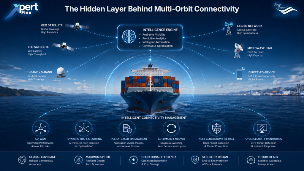 The Hidden Layer Behind Multi-Orbit Connectivity เบื้องหลังของระบบ Multi-Orbit Connectivity ที่มีประสิทธิภาพ มักมีองค์ประกอบสำคัญที่ผู้ใช้งานไม่ค่อยได้มองเห็น นั่นคือ Layer ด้าน Intelligence และ Security ซึ่งประกอบด้วย • SD-WAN • Dynamic Traffic Routing • Policy-Based Network Management • Automatic Failover • Next Generation Firewall • Cybersecurity Monitoring เทคโนโลยีเหล่านี้ทำหน้าที่เสมือน "สมอง" ของระบบสื่อสาร คอยตัดสินใจว่า • ข้อมูลประเภทใดควรวิ่งผ่านเครือข่ายใด • เมื่อเครือข่ายหนึ่งมีปัญหา ควรสลับไปใช้เส้นทางใด • จะจัดลำดับความสำคัญของ Traffic อย่างไร • จะป้องกันความเสี่ยงด้าน Cybersecurity ได้อย่างไร