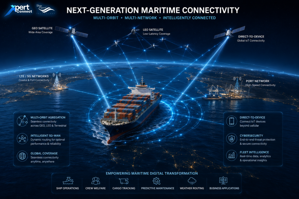 อนาคตไม่ได้เป็นการแข่งขันระหว่าง VSAT และ Satellite 5G หลายคนมองว่าเทคโนโลยีใหม่จะเข้ามาแทนที่เทคโนโลยีเดิม แต่ในความเป็นจริง อุตสาหกรรมทางทะเลกำลังมุ่งหน้าไปสู่แนวคิดที่เรียกว่า Multi-Orbit Connectivity ซึ่งเป็นการผสานเทคโนโลยีหลายรูปแบบเข้าด้วยกัน เช่น • GEO Satellite • LEO Satellite • LTE / 5G • Direct-to-Device Satellite • Intelligent SD-WAN Routing เพื่อสร้างเครือข่ายที่มีความยืดหยุ่นและความต่อเนื่องสูงสุด เป้าหมายของ Multi-Orbit Connectivity ไม่ใช่การเลือกว่าจะใช้เทคโนโลยีใดเพียงอย่างเดียว แต่เป็นการเลือกใช้เทคโนโลยีที่เหมาะสมกับแต่ละประเภทของงาน