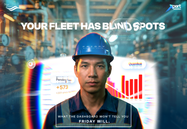 Your Fleet Has Blind Spots. What the dashboard won't tell you — FRIDAY will. FRIDAY ERP — Planned Maintenance System · Ship Expert Technology There's a version of your fleet that exists on paper — schedules signed, tasks ticked, reports filed. And then there's the version that actually exists at sea. The gap between those two realities is where breakdowns happen. Where port state control finds problems. Where charter penalties are born. FRIDAY ERP's Planned Maintenance System was built for the second version. Not the paper fleet. The real one.