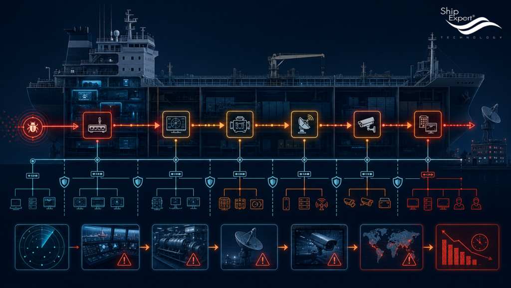 Cyber Attack ไม่ได้กระทบแค่ข้อมูลอีกต่อไป หลายคนยังมองว่า Cybersecurity เป็นเรื่องของฝ่าย IT แต่สำหรับเรือเดินทะเล ผลกระทบอาจรุนแรงกว่านั้นมาก หากผู้ไม่หวังดีสามารถเข้าถึงระบบสำคัญบนเรือได้ ผลกระทบอาจเกิดขึ้นได้หลายรูปแบบ เช่น • ระบบควบคุมเครื่องจักรใหญ่หยุดชะงัก • ระบบช่วยการเดินเรือแสดงข้อมูลผิดพลาด • ระบบสื่อสารกับฝั่งถูกตัดขาด • ระบบ CCTV ไม่สามารถใช้งานได้ • ระบบบริหารจัดการเรือไม่สามารถเข้าถึงข้อมูลได้ • ลูกเรือไม่สามารถติดต่อสำนักงานใหญ่ได้ Cyber Attack ในยุคปัจจุบันจึงไม่ได้เป็นเพียง "ปัญหาคอมพิวเตอร์" แต่กลายเป็น Operational Risk ที่ส่งผลโดยตรงต่อ • ความปลอดภัยของลูกเรือ • ความปลอดภัยของเรือ • ความต่อเนื่องในการปฏิบัติงาน • ความเสียหายทางธุรกิจ • และอาจส่งผลต่อสิ่งแวดล้อมทางทะเล