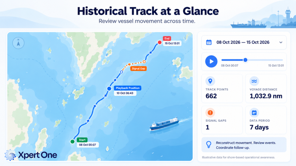 3.2 Historical Track — ทบทวนเส้นทางเดินเรือย้อนหลัง เส้นทางย้อนหลังช่วยให้ทีมกลับไปตรวจสอบลำดับการเคลื่อนที่ในช่วงเวลาที่สนใจ เช่น การเข้า–ออกพื้นที่ การหยุดเป็นเวลานาน หรือการเปลี่ยนรูปแบบการเดินทาง ข้อมูลนี้มีคุณค่ามากขึ้นเมื่อเชื่อมกับเวลา บันทึกเหตุการณ์ งานซ่อมบำรุง หรือการสื่อสารที่เกี่ยวข้อง